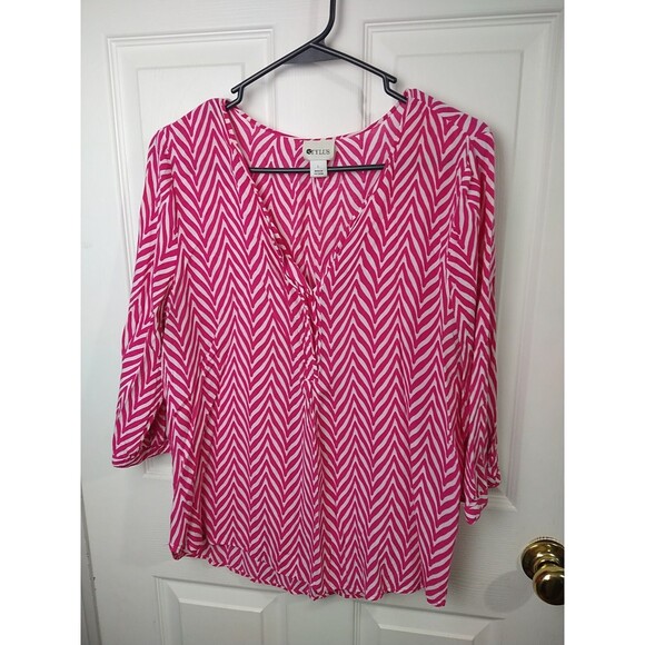 Stylus Woman L Blouse V Neck Pink White Chevron Pullover 3/4 Sleeves - Picture 1 of 10